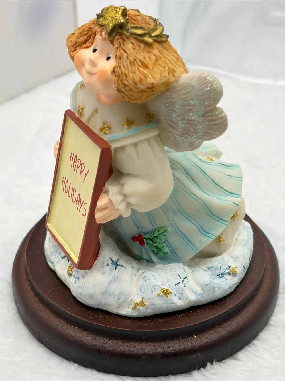 Message Angel Happy Holidays Figurine Wooden Base Alley Press Collectible